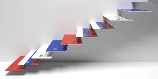 Bandera de Rusia en tarjetas bancarias como escaleras de una escalera. Préstamos al consumo relacionados con representación 3D —  Fotos de Stock