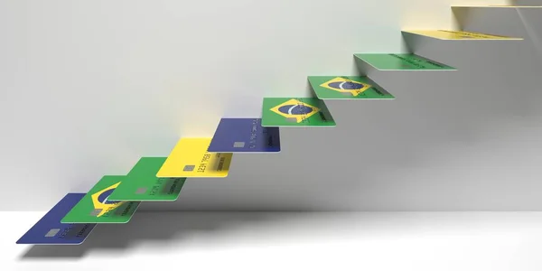Bandeira do Brasil em cartões de crédito de plástico como escadas de uma escada. Créditos ao consumo relacionados com a renderização 3D — Fotografia de Stock