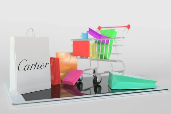 Carrinho de compras em um tablet e saco de papel com logotipo da Cartier. Editorial renderização 3D relacionada ao e-commerce — Fotografia de Stock