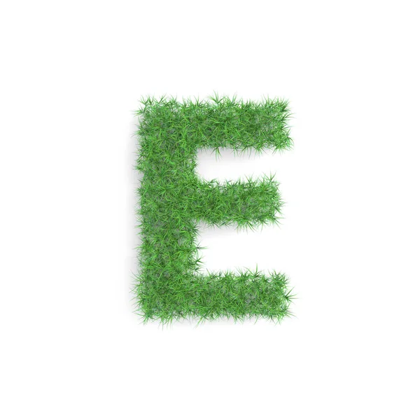 Letra E símbolo hecho de hierba verde aislado sobre fondo blanco, parte del conjunto. Tecnología sostenible o estilo de vida relacionado 3d renderizado — Foto de Stock
