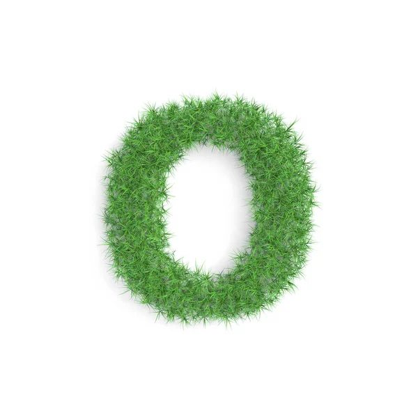 O harfi, setin bir parçası olan beyaz arka planda izole edilmiş yeşil çimlerden oluşmuş. Sürdürülebilir teknoloji ya da yaşam tarzı ile ilişkili 3D görüntüleme — Stok fotoğraf