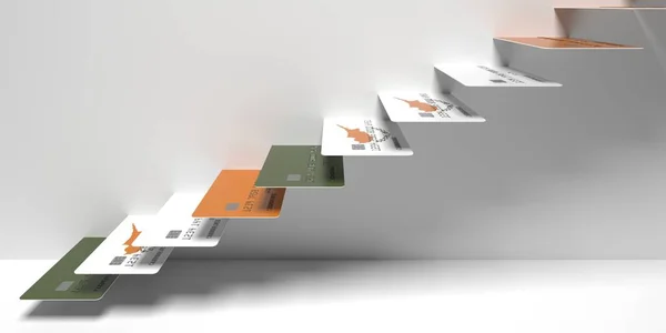 Národní vlajka Kypru na kreditních kartách jako schodiště po schodišti. Koncepční 3D vykreslování vzestupného finančního trendu — Stock fotografie