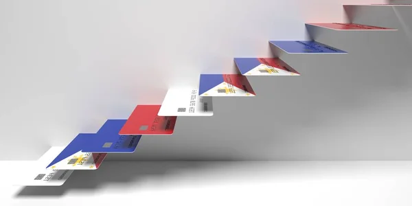 Bandera de Filipinas en tarjetas bancarias como escaleras de una escalera. Préstamos al consumo relacionados con representación 3D —  Fotos de Stock