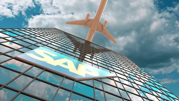 SAP SE-logo op een moderne wolkenkrabber met reflecterende wolken en vliegend vliegtuig. Redactionele conceptuele 3d-weergave — Stockfoto
