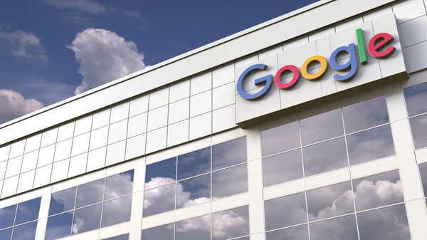 Logo Google di atas bangunan modern. Rendering 3d konseptual penyuntingan — Stok Foto