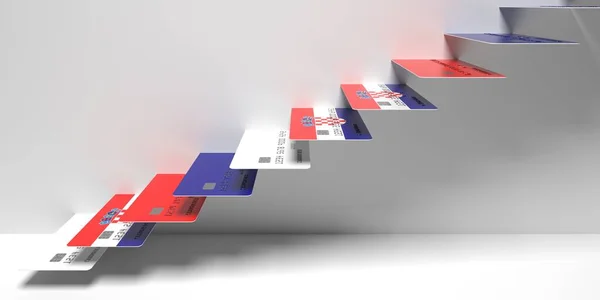 Bandera nacional de Croacia en tarjetas de crédito como escaleras de una escalera. Renderizado 3D conceptual de tendencia ascendente financiera —  Fotos de Stock