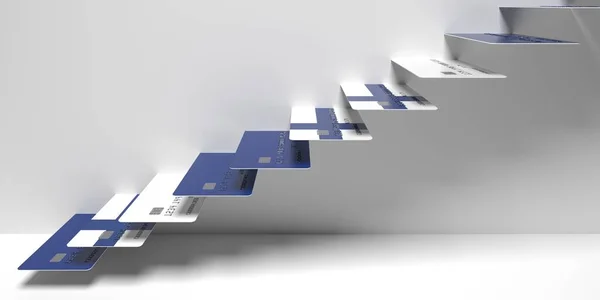 Bandera nacional de Finlandia en tarjetas de crédito como escaleras de una escalera. Renderizado 3D conceptual de tendencia ascendente financiera —  Fotos de Stock