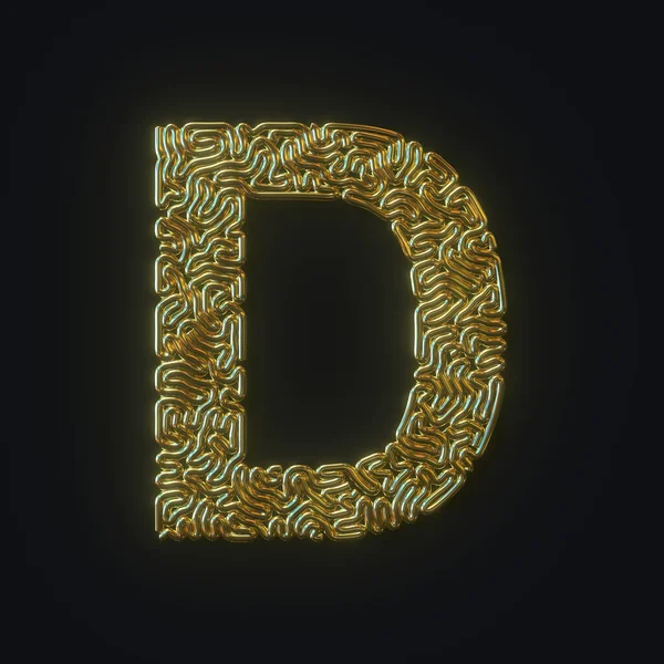 High resolution letter D symbol formed of gold bent wire. 3D rendering — Stock Photo, Image