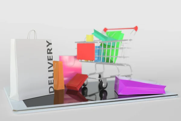 Nákupní košík na tabletu a papírový sáček s textem DELIVERY. 3D vykreslování související s elektronickým obchodem — Stock fotografie