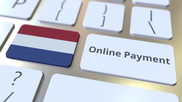 Paiement en ligne texte et drapeau des Pays-Bas sur le clavier. Animation 3D conceptuelle liée à la finance moderne — Video