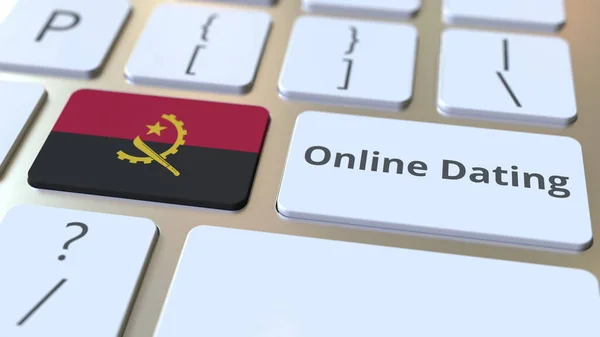 Online Namoro texto e bandeira de Angola no teclado. Renderização 3D conceitual — Fotografia de Stock