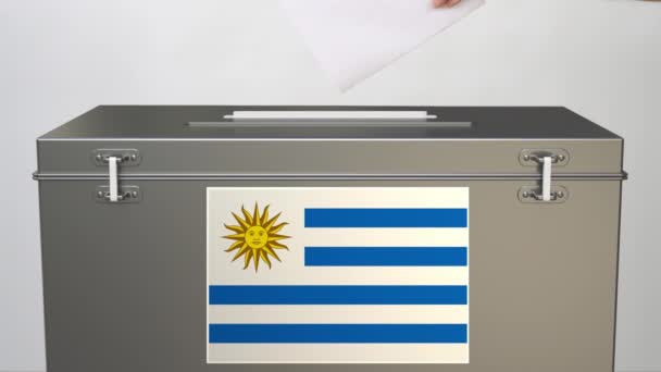 Hand zetten van papier stembiljet in stembus met vlag van Uruguay. Verkiezingsgerelateerde clip — Stockvideo