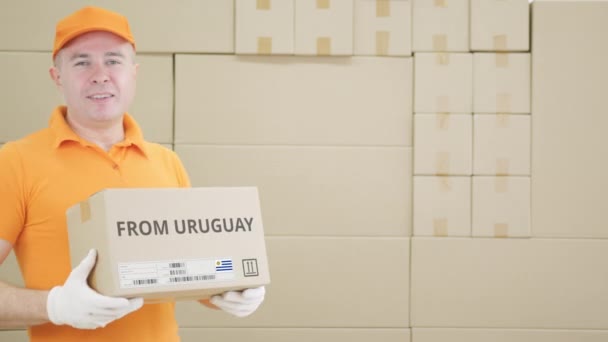 พนักงานคลังสินค้าถือกล่องกระดาษแข็งที่มีข้อความ FROM URUGUAY พิมพ์อยู่บนนั้น — วีดีโอสต็อก