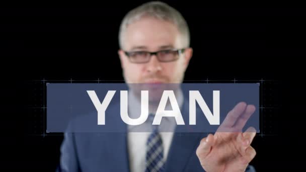 Businessman chooses YUAN, DOLLAR and EURO digital options on the modern touchscreen display — Stock Video