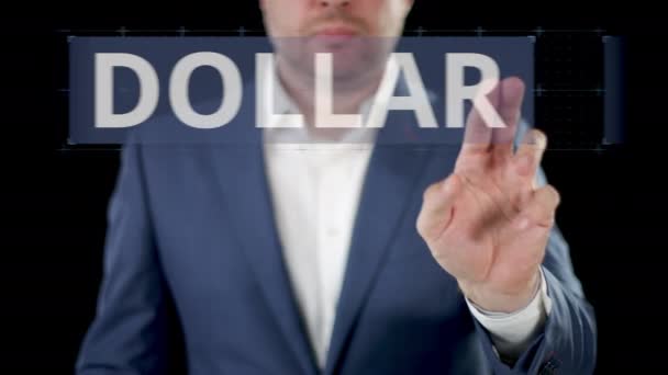Empresário navega por DOLLAR, EURO e POUND opções no display moderno — Vídeo de Stock