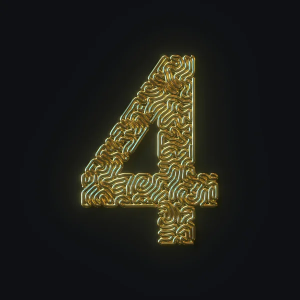 Högupplöst nummer 4 fyra symbol bestående av guldböjd tråd. 3D-rendering — Stockfoto