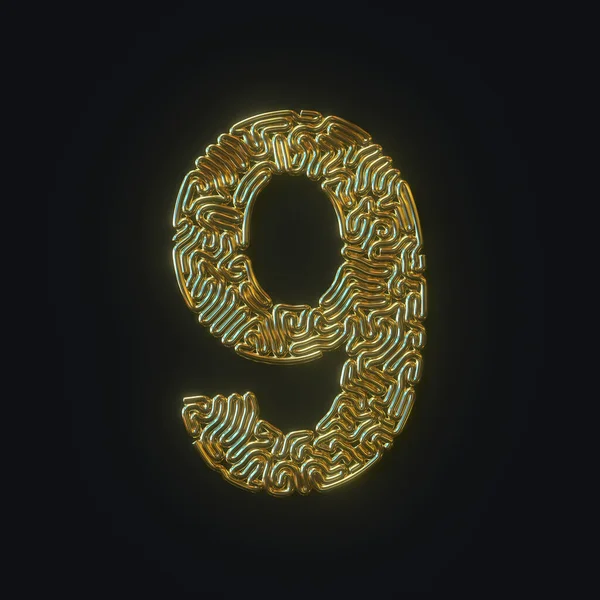 Högupplöst nummer 9 nio symbol bestående av guldböjd tråd. 3D-rendering — Stockfoto