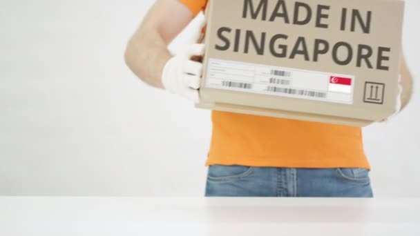 Parsel dengan MADE DI SINGAPORE teks dan pekerja gudang — Stok Video
