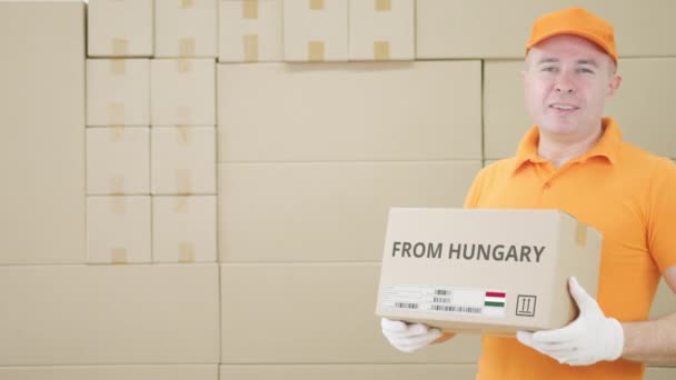 Warehouse worker holds cardboard box with printed FROM HUNGARY text on it — Stock Video