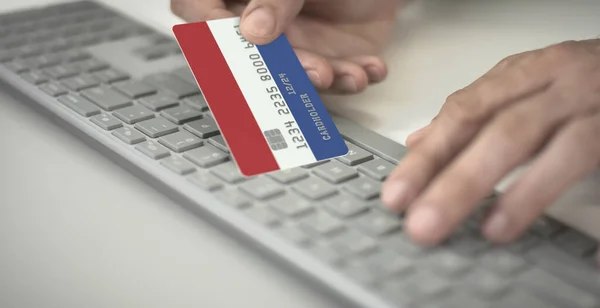 알 수없는 사람이 네덜란드의 인쇄 된 깃발로 온라인으로 돈을 지불 한다. 가짜 번호 — 스톡 사진
