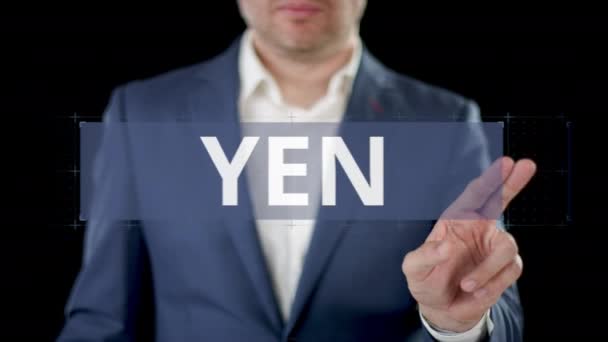 Businessman 선택 YEN, POUND 및 DOLLAR 디지털 옵션 현대 터치 스크린 디스플레이에서 — 비디오