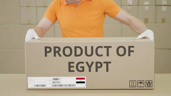 옆에는 EGYPT 의 PRODUCT 인쇄물이 인쇄 된 대형 상자 — 스톡 사진