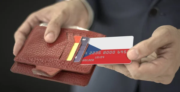 Άντρας τραβάει πλαστική τραπεζική κάρτα με σημαία της Τσεχικής Δημοκρατίας από το πορτοφόλι του, αριθμός πλασματικής κάρτας — Φωτογραφία Αρχείου