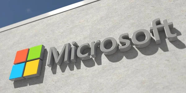 Logo Microsoft pada dinding beton. Rendering 3d realistik penyuntingan — Stok Foto