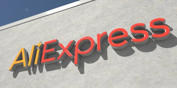 Logo AliExpress na betonové stěně. Redakční realistické 3D vykreslování — Stock fotografie
