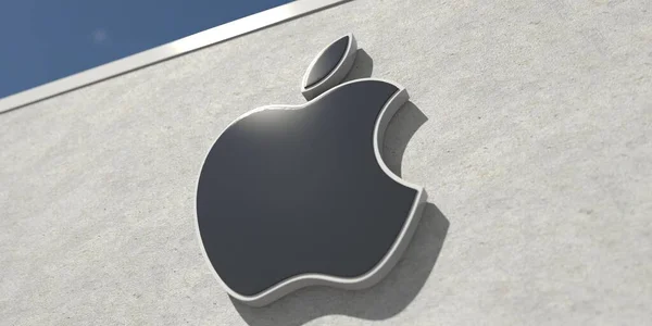 Logo de Apple Inc en una pared de hormigón. Representación editorial realista 3d —  Fotos de Stock