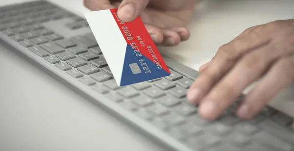 Homme paie en ligne avec une carte bancaire en plastique avec le drapeau imprimé de la République tchèque. Numéros fictifs — Photo