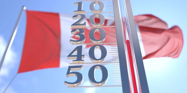 Menos 30 grados centígrados en un termómetro que mide cerca de la bandera de Canadá. Pronóstico del tiempo muy frío relacionado 3D renderizado —  Fotos de Stock