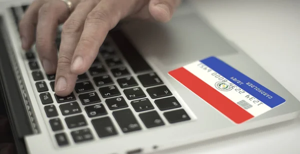 Hombre paga en línea con tarjeta bancaria de plástico con la bandera impresa de Paraguay. Números de ficción — Foto de Stock