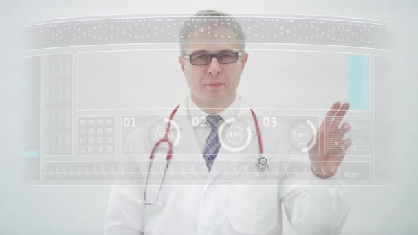 Вкладка "ЗДОРОВЬЕ" и врач на футуристическом компьютере — стоковое видео