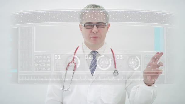 Arzt scrollt auf modernem Touchscreen-Display zur Registerkarte PEDIATRICS — Stockvideo
