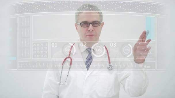 Docteur fait défiler jusqu'à l'onglet HOSPITAL sur un écran tactile moderne — Video