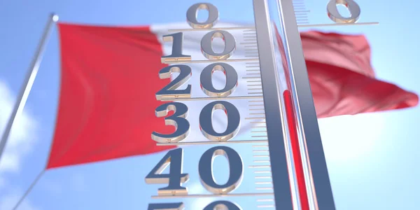 Menos 20 grados centígrados en un termómetro que mide la temperatura del aire cerca de la bandera de Perú. Pronóstico del tiempo frío relacionado 3D renderizado —  Fotos de Stock