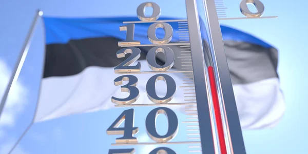 Menos 20 grados centígrados en un termómetro que mide la temperatura del aire cerca de la bandera de Estonia. Pronóstico del tiempo frío relacionado 3D renderizado —  Fotos de Stock