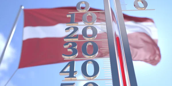 Menos 20 grados centígrados en un termómetro que mide la temperatura del aire cerca de la bandera de Letonia. Pronóstico del tiempo frío relacionado 3D renderizado —  Fotos de Stock