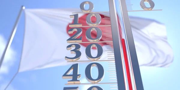 Menos 20 grados centígrados en un termómetro que mide la temperatura del aire cerca de la bandera de Japón. Pronóstico del tiempo frío relacionado 3D renderizado —  Fotos de Stock