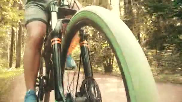 Close-up roda giratória vista, bicicleta em movimento em um parque de verão, tiro de ângulo baixo — Vídeo de Stock