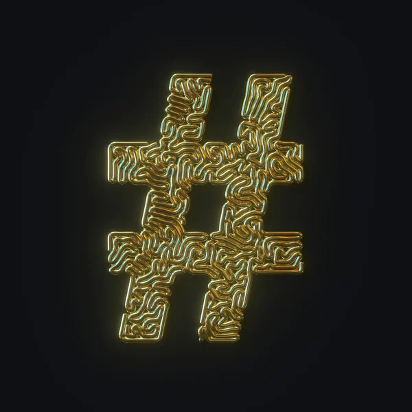 Nagy felbontású hashtag szimbólum áll arany hajlított drót. 3D renderelés — Stock Fotó