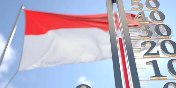 在印度尼西亚国旗附近测量气温的温度计上有30摄氏度。与热天气预报有关的3D渲染 — 图库照片