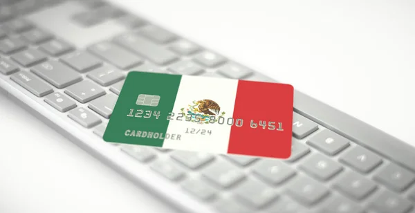 Cartão de crédito representando bandeira do México no teclado do computador. Números fictícios — Fotografia de Stock