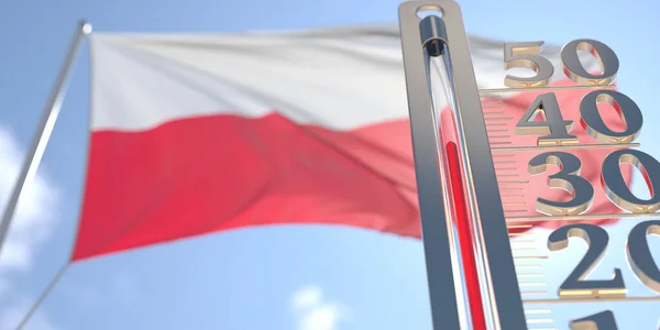 온도계는 폴란드의 흐릿 한 깃발에 비해 높은 대기 온도를 보여 줍니다. 고온 일기 예보 , 3D 렌더링 관련 — 스톡 사진