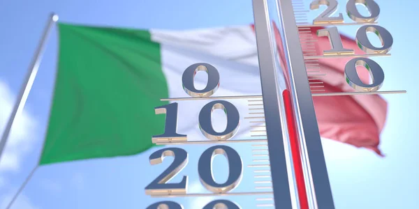 Termometer visar 0 noll lufttemperatur nära viftande flagga Italien. Väderprognos konceptuell 3D-rendering — Stockfoto