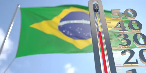 Thermometer toont een hoge luchttemperatuur tegen wazige vlag van Brazilië. Warme weersvoorspelling gerelateerde 3D rendering — Stockfoto