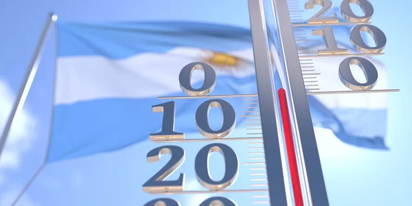 Θερμόμετρο δείχνει 0 μηδενική θερμοκρασία του αέρα κοντά κυματίζει σημαία της Αργεντινής. Πρόγνωση καιρού εννοιολογική 3D απόδοση — Φωτογραφία Αρχείου