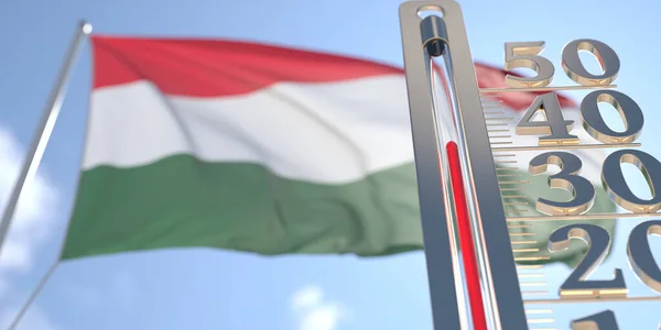온도계는 흐린 헝가리의 깃발에 비해 높은 대기 온도를 보여 줍니다. 고온 일기 예보 , 3D 렌더링 관련 — 스톡 사진