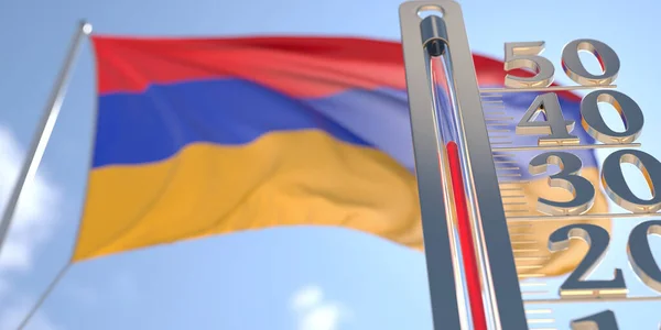 Термометр показує високу температуру повітря проти розмитого прапора Вірменії. Прогноз погоди пов'язаний з 3D рендерингом — стокове фото